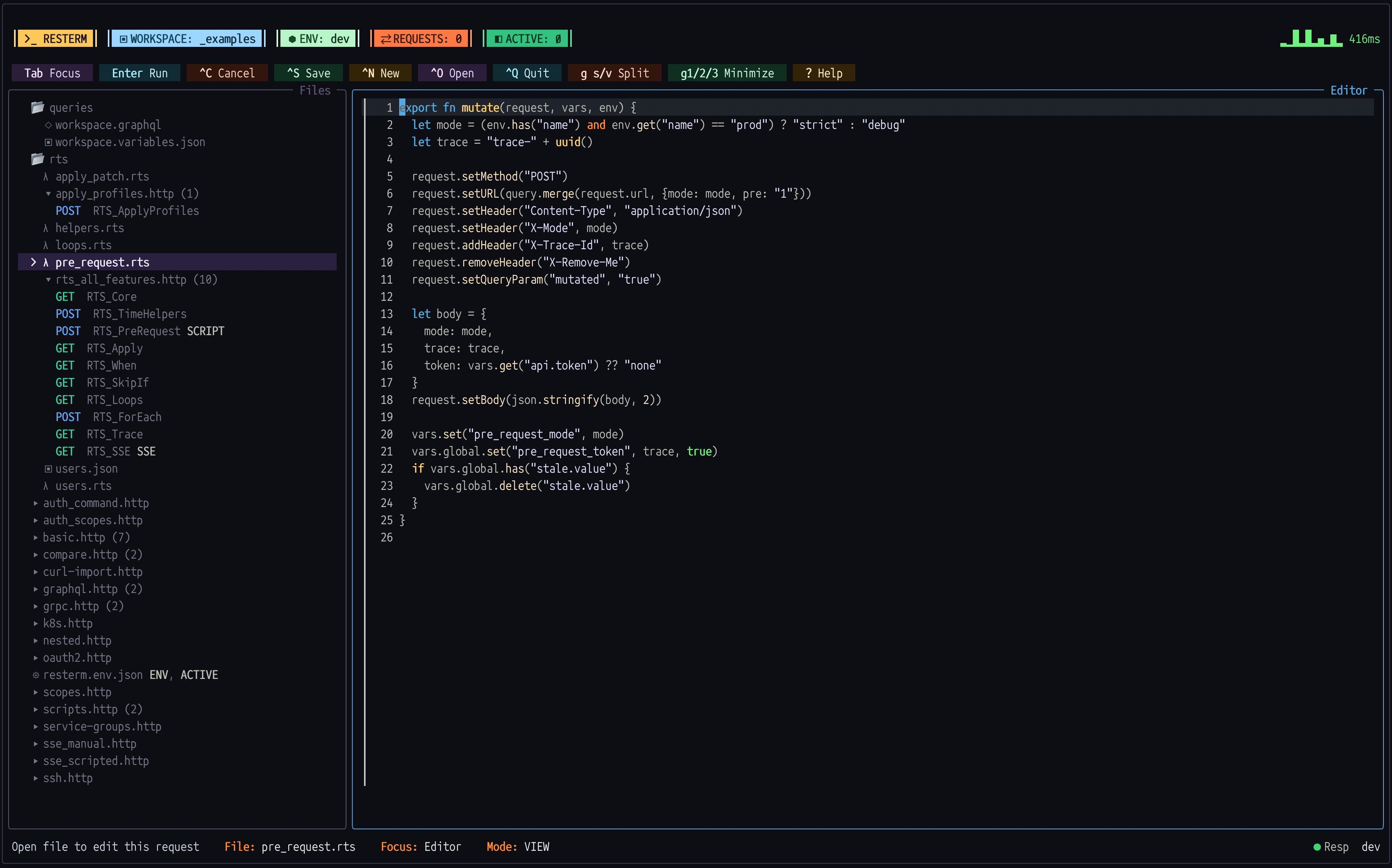 Screenshot of Resterm with RestermScript