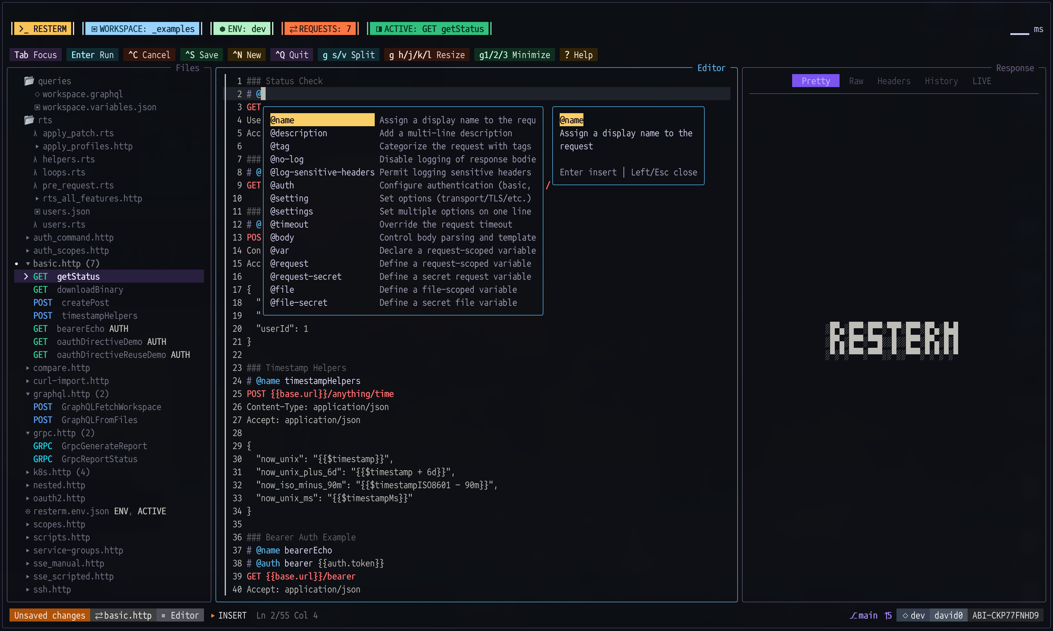 Screenshot of Resterm TUI base