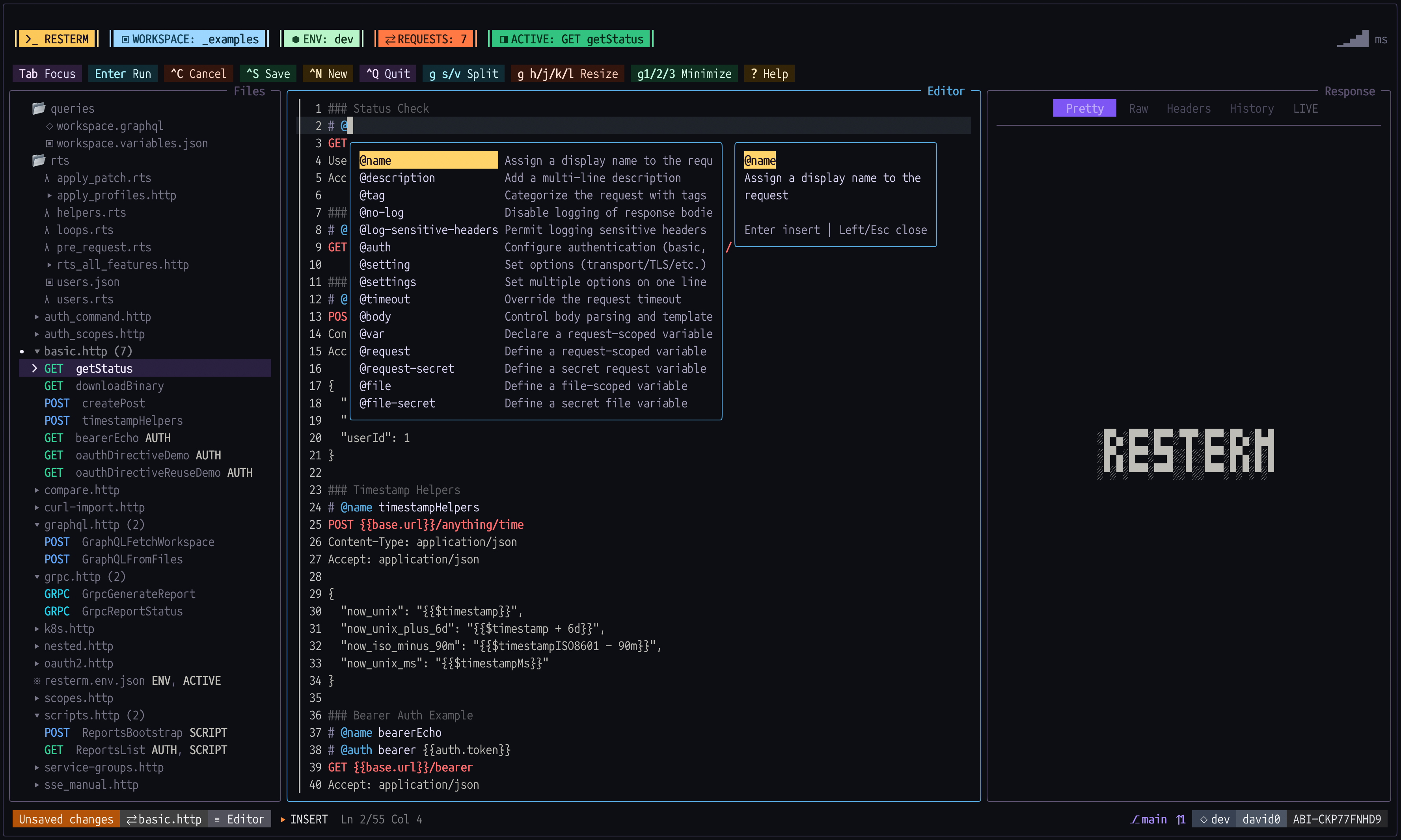 Screenshot of Resterm TUI base