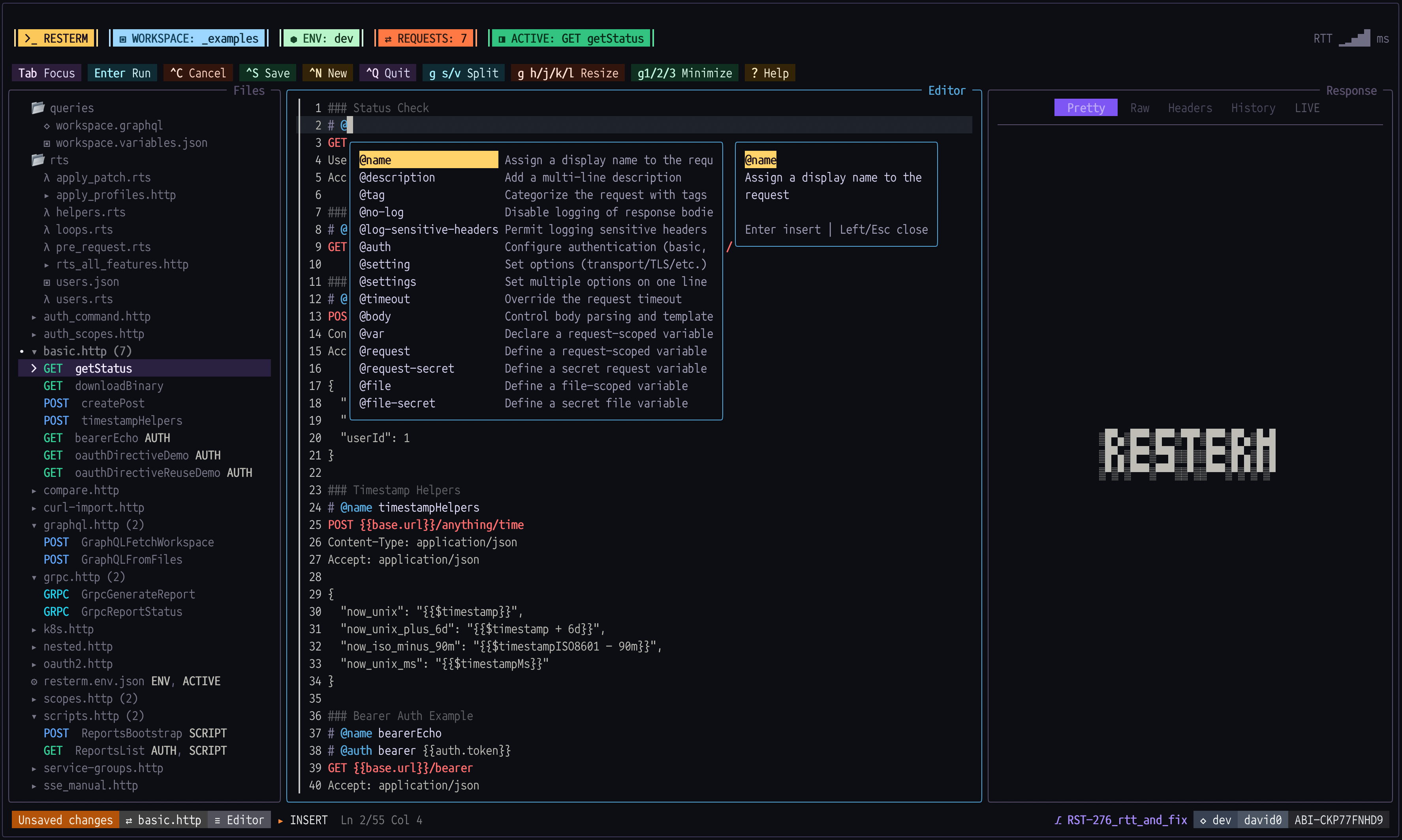 Screenshot of Resterm TUI base