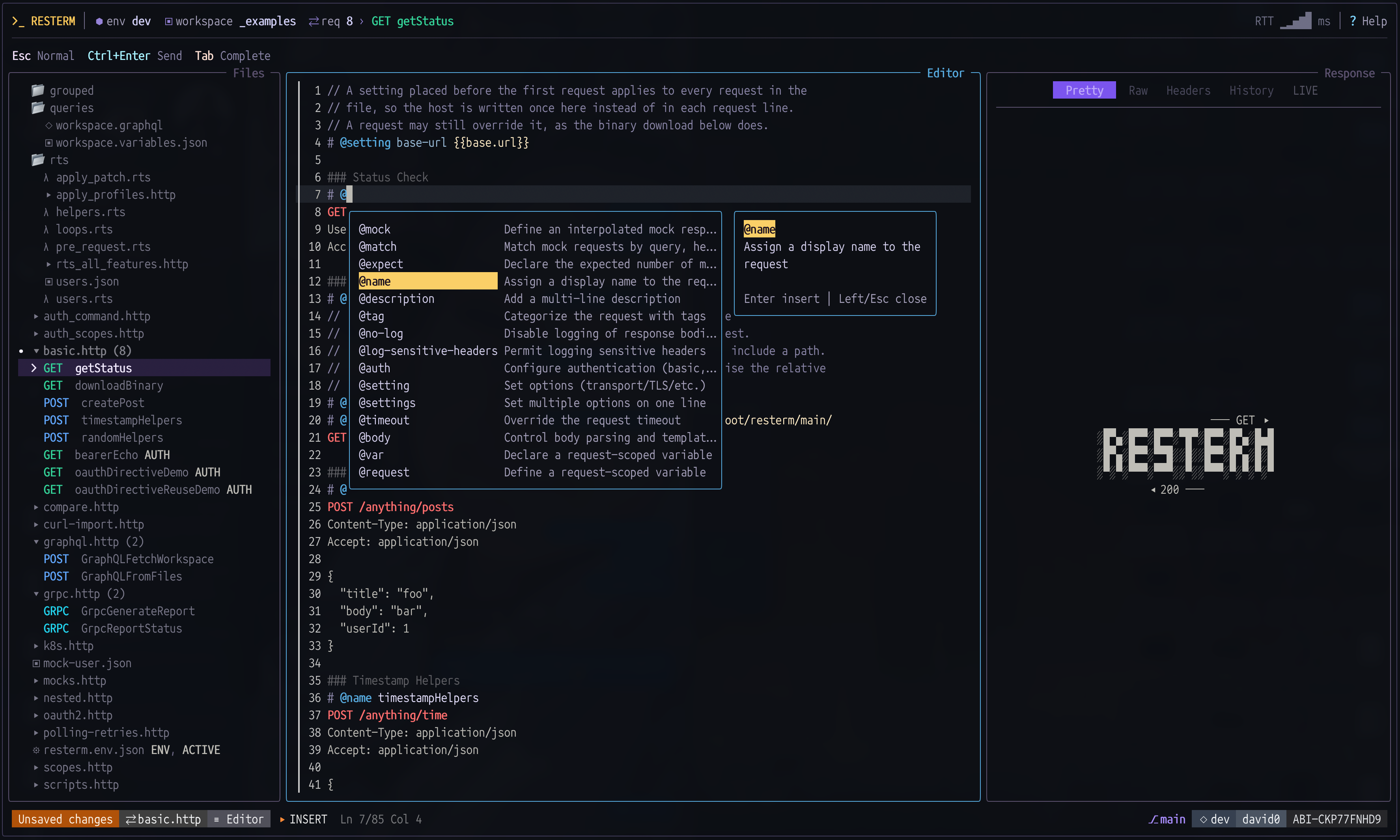 Screenshot of Resterm TUI base