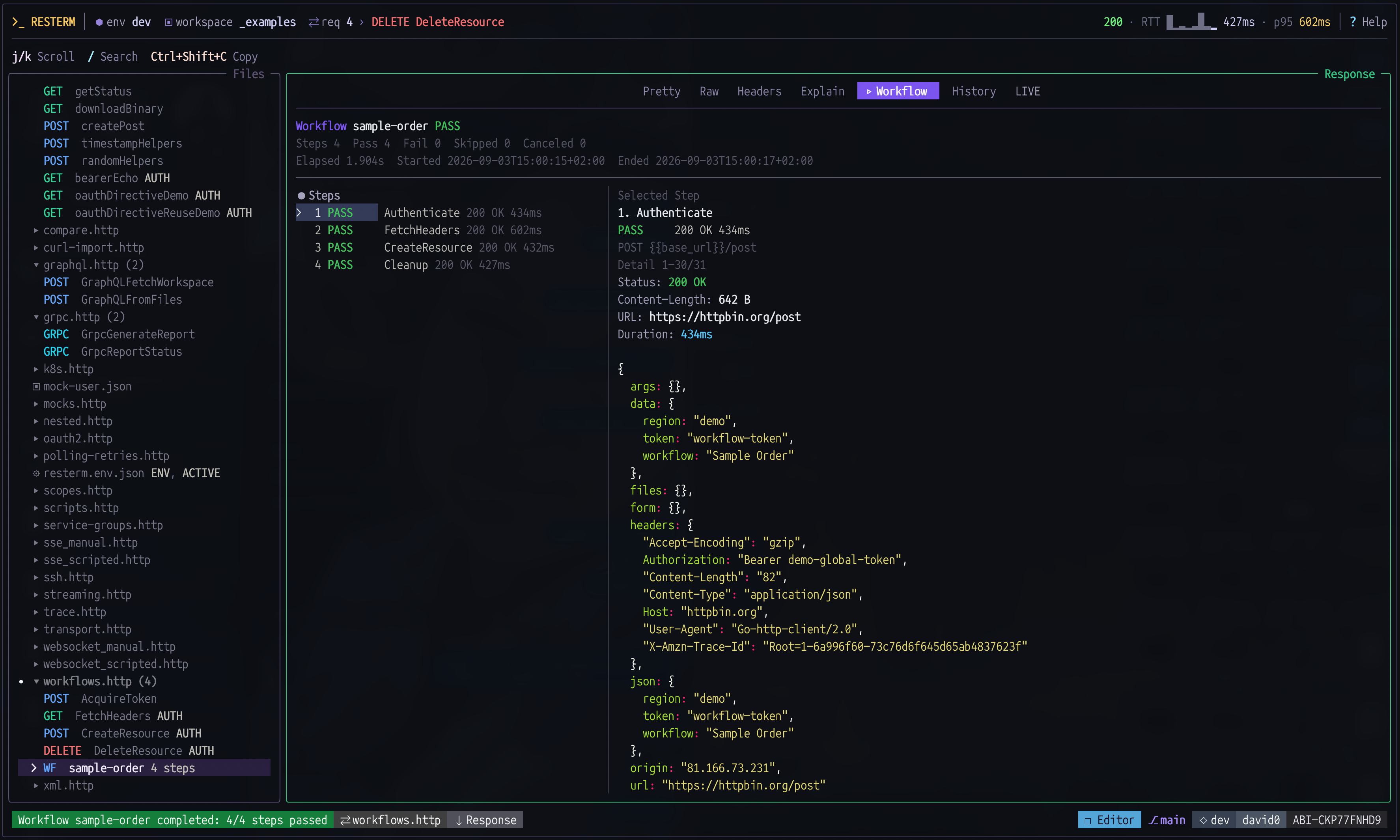 Screenshot of Resterm with Workflow