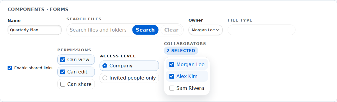 A selection of form components — text field, search, select, checkboxes, radios, and a pill-selector dropdown