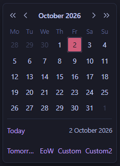 The calendar for October 2026, with Today and four quick dates under it