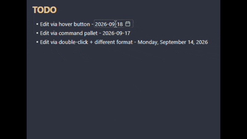Hovering a date in a note, opening the calendar from the icon beside it, and picking a new day