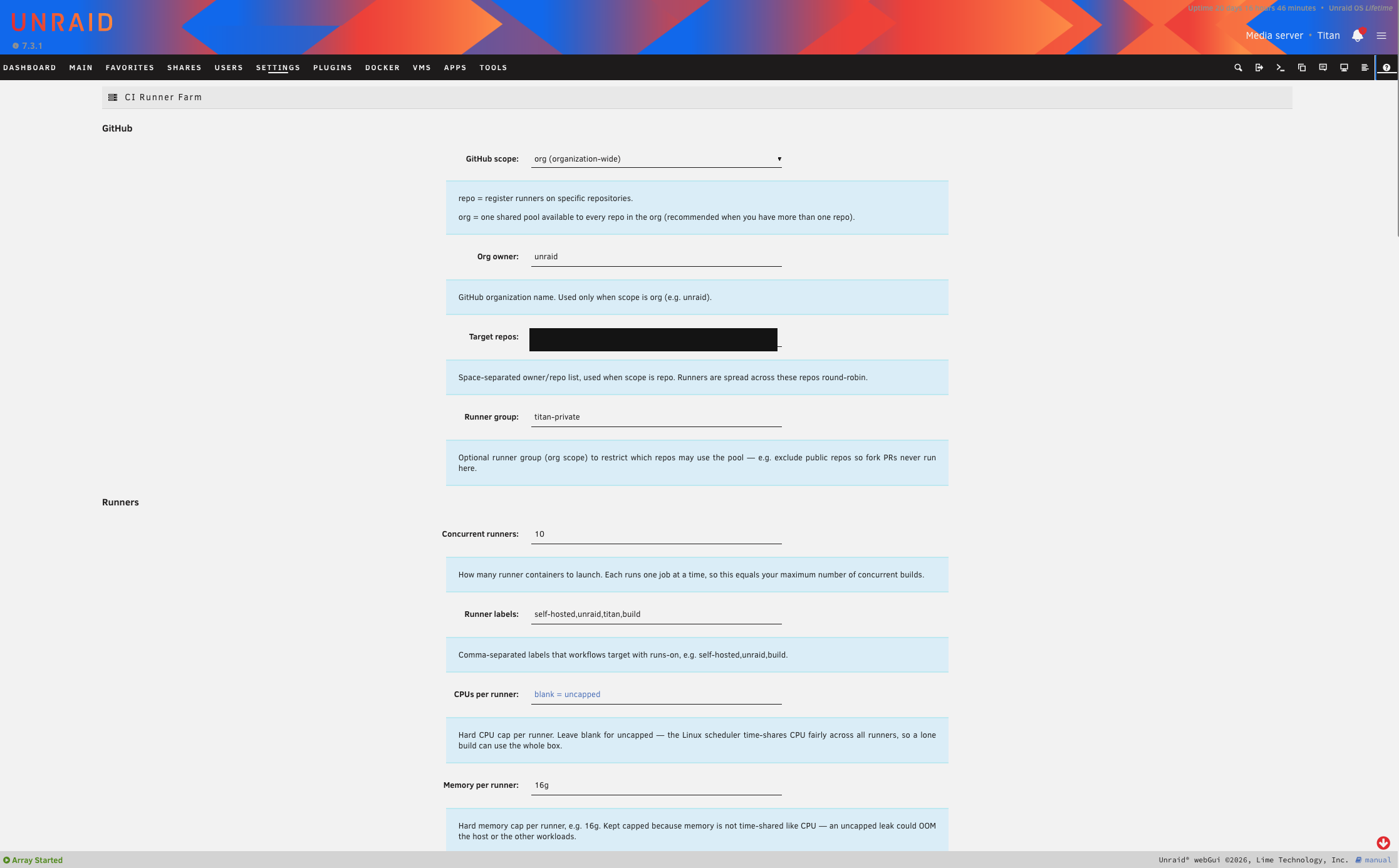 GitHub scope, target repos, runner count, labels, and per-runner CPU/memory caps