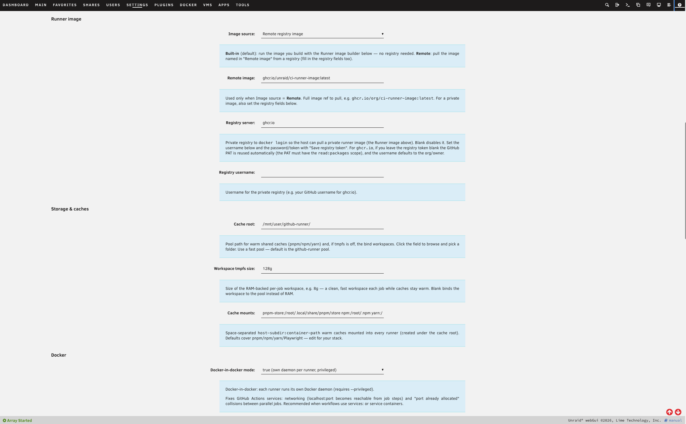 Runner image source, warm cache mounts, workspace root, and Docker-in-Docker mode
