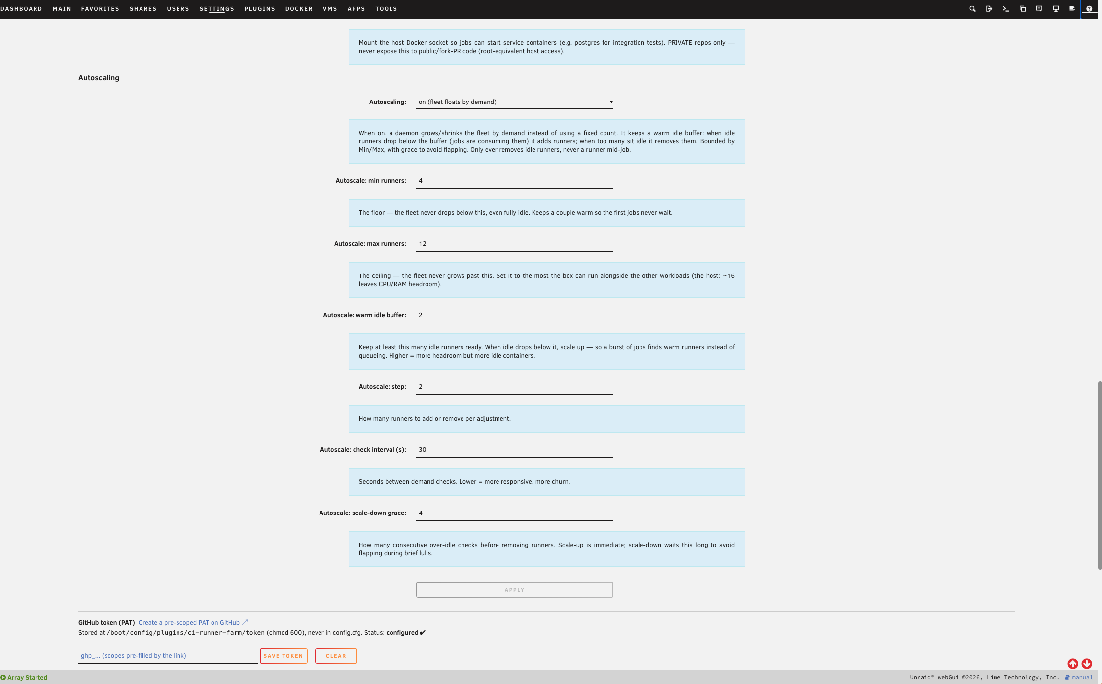 Autoscaling controls: min/max runners, idle buffer, step, check interval, scale-down grace