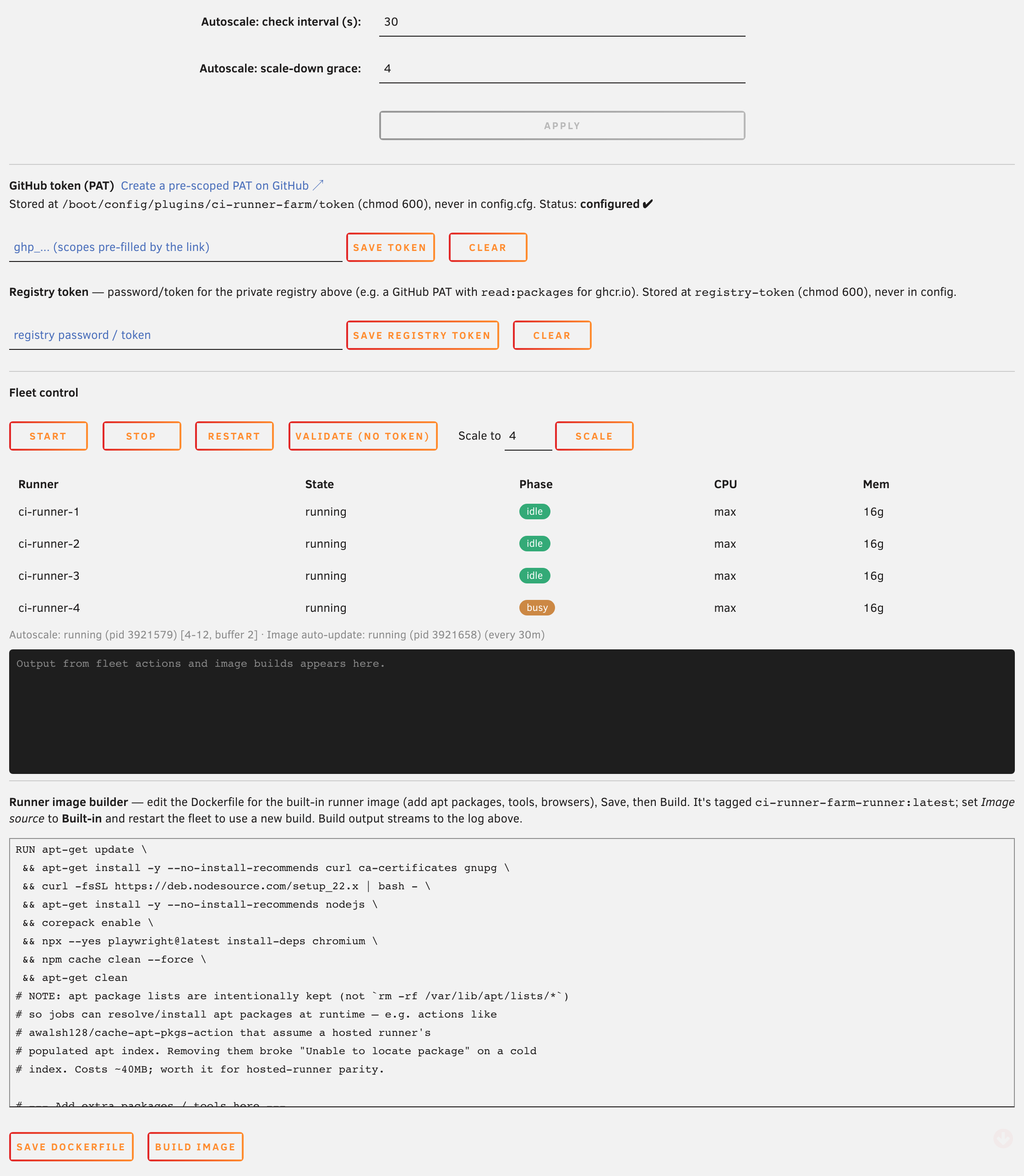 Fleet control buttons, live runner status, secure token storage, and the runner image builder