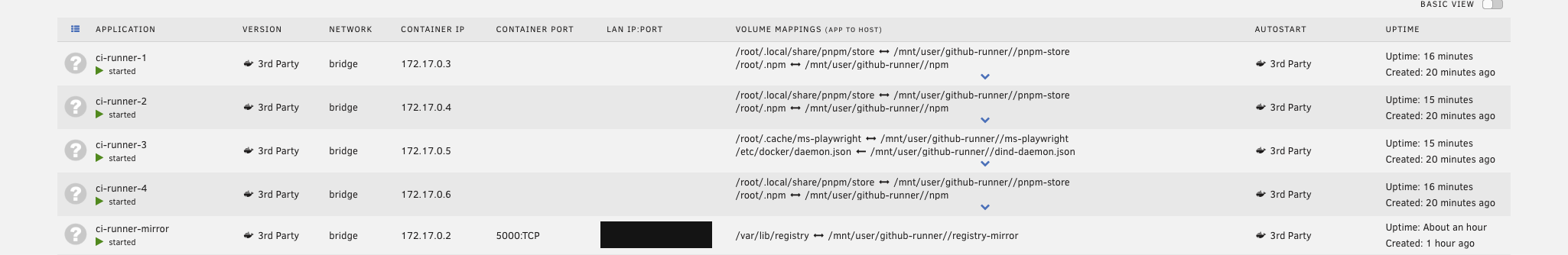 Running ci-runner containers with warm-cache volume mappings and the registry mirror