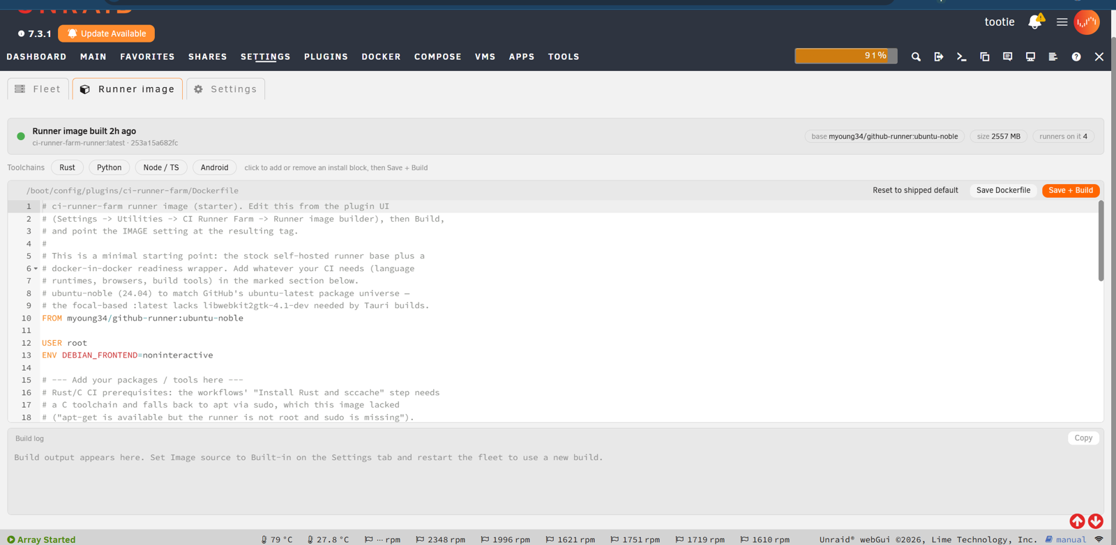 The runner image editor and build log