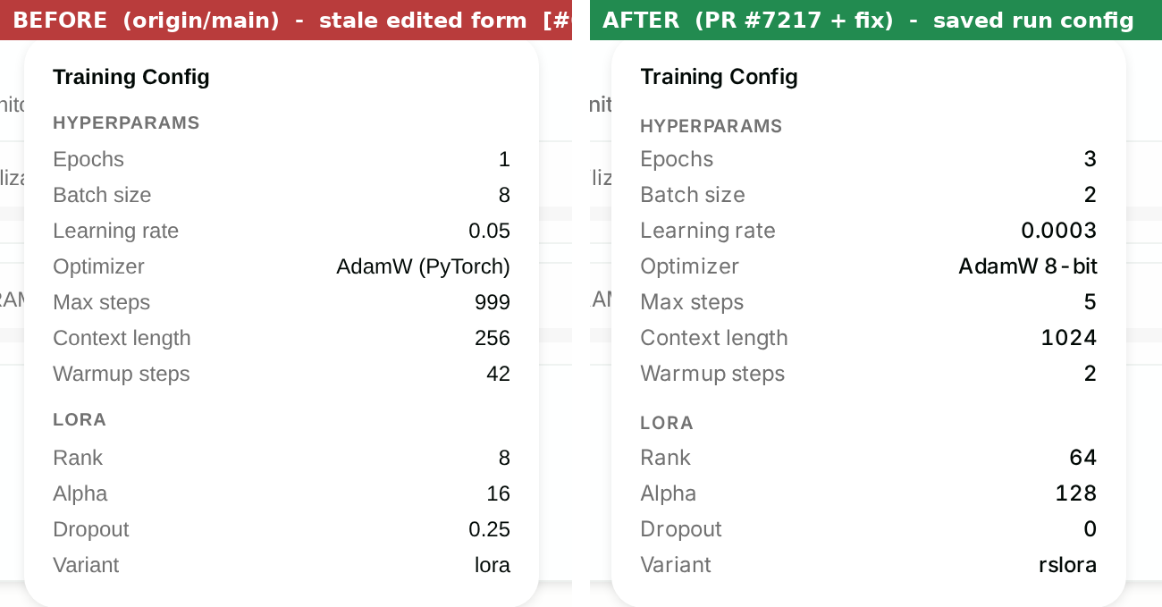 Training Config popover before vs after