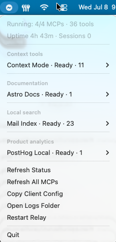 mcp-local-relay macOS menu bar status showing four MCP servers and thirty-six tools.