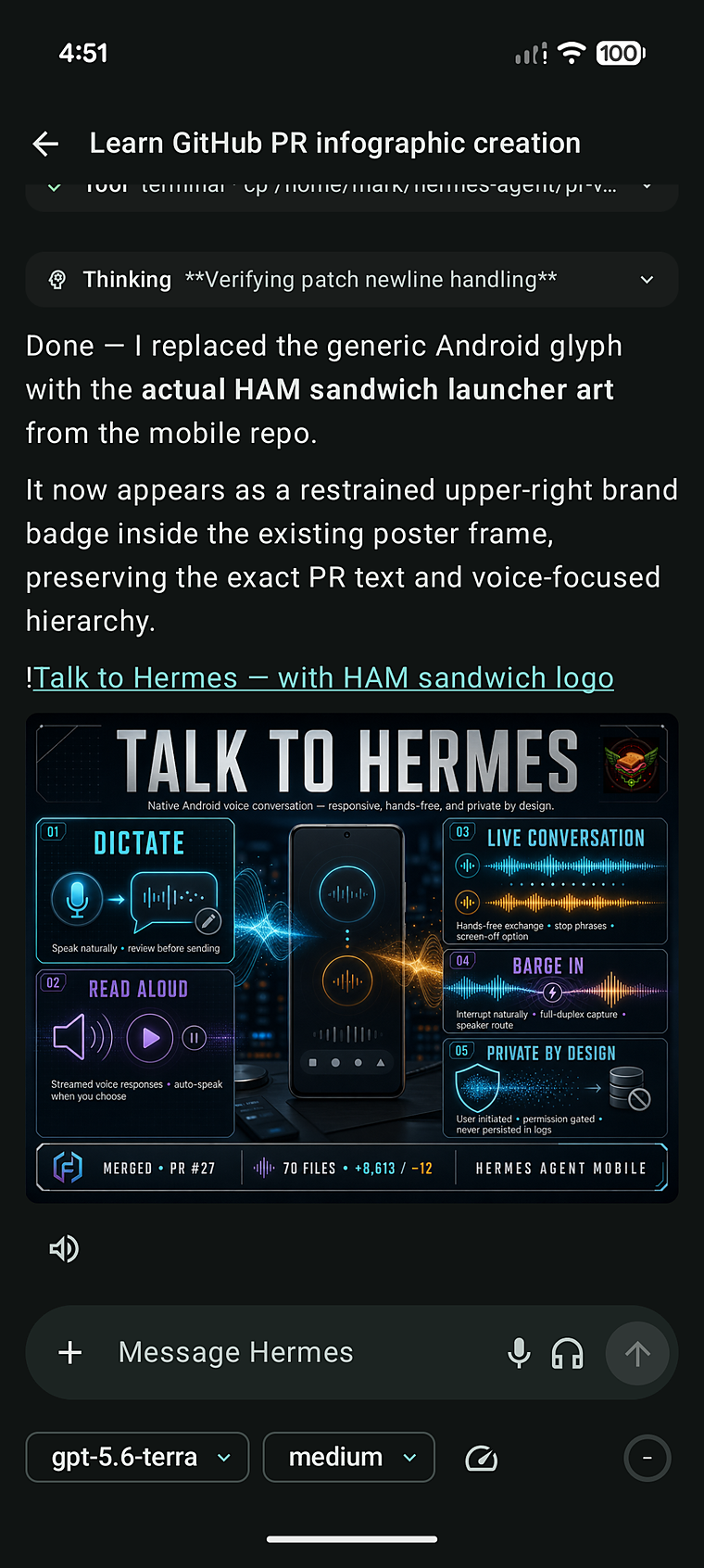 A live Mercury agent session: session title, a terminal tool card, a collapsible Thinking block, streamed markdown, an inline-rendered image artifact, and the mic/voice composer below.