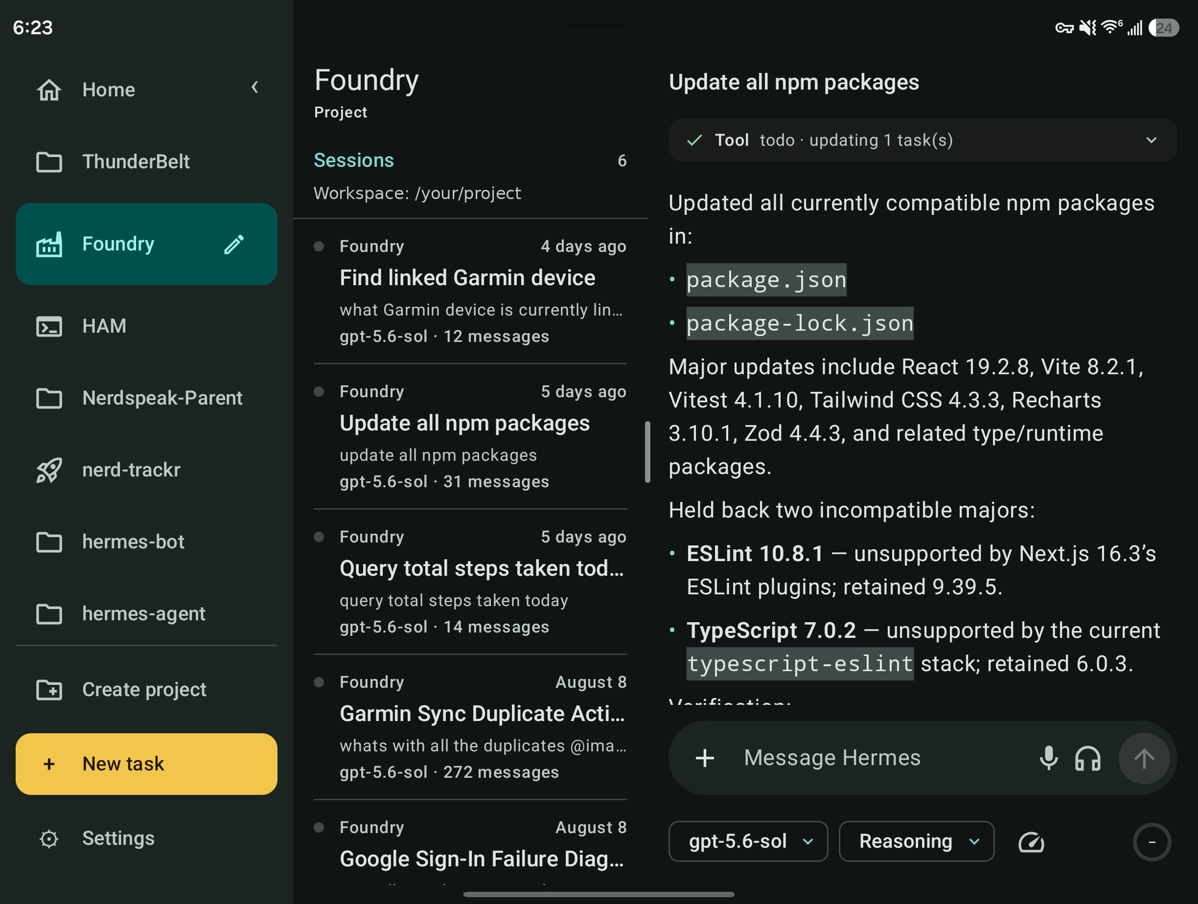 Mercury running on an unfolded Samsung Fold in a three-pane layout with project navigation, a session list, and a live agent workspace.