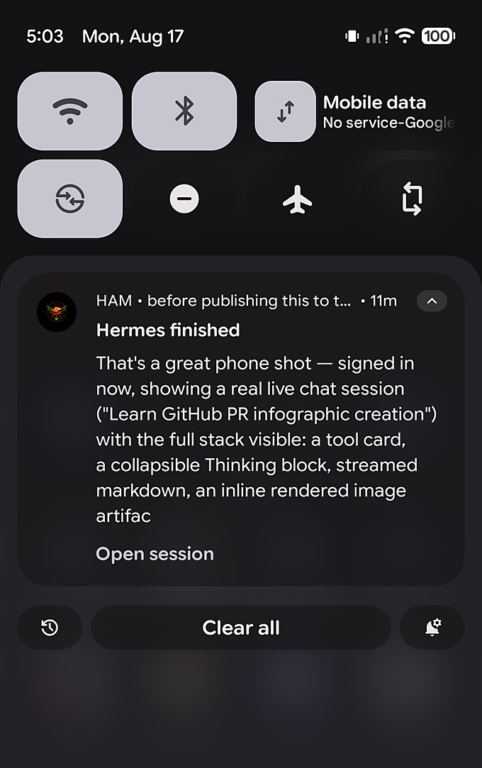 The Android notification shade showing Mercury's 'Hermes finished' notification with the assistant's reply text and an Open session action.