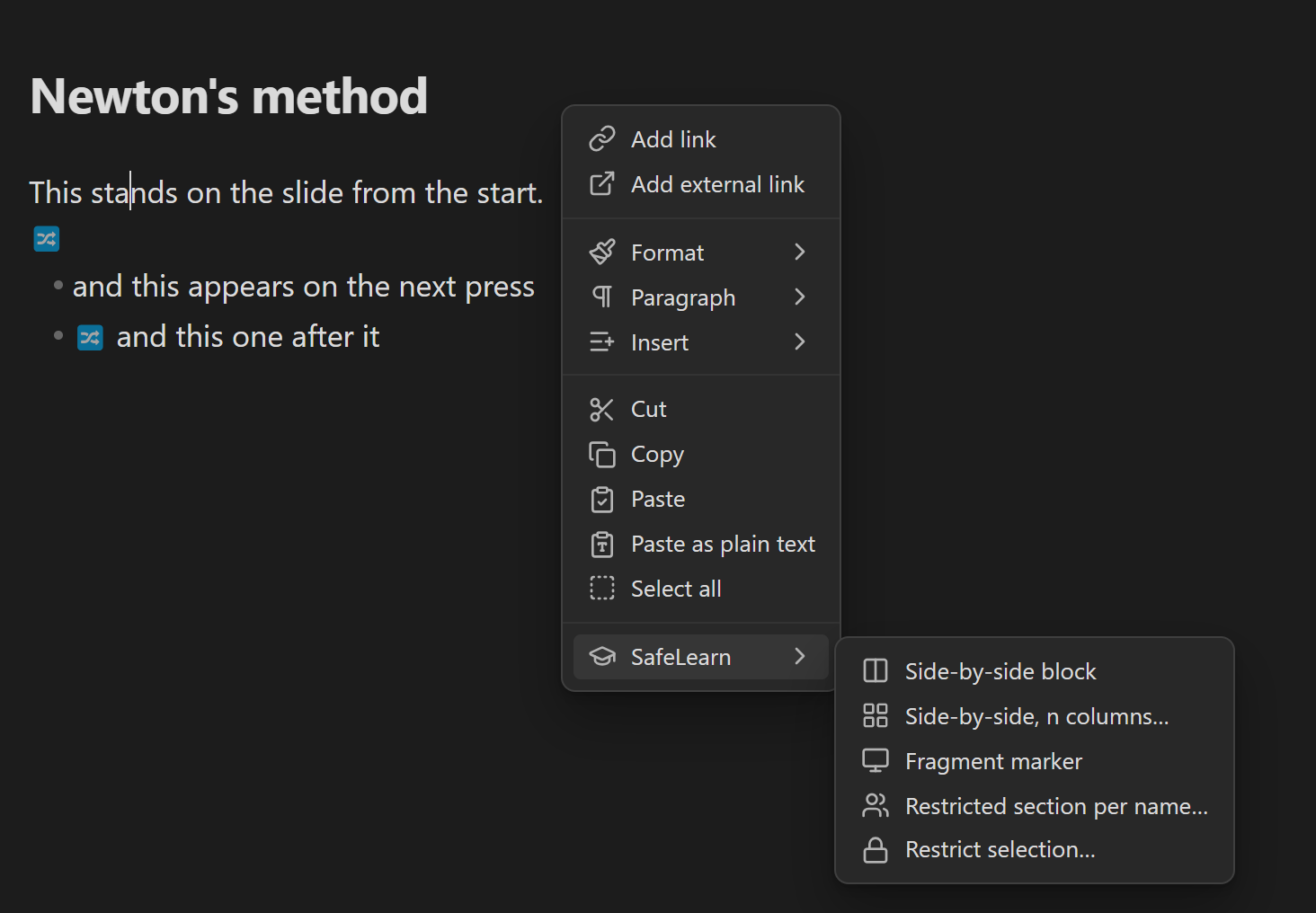 The editor's context menu