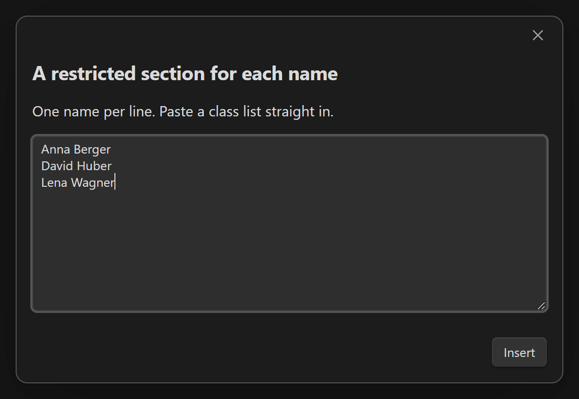 The class list dialog