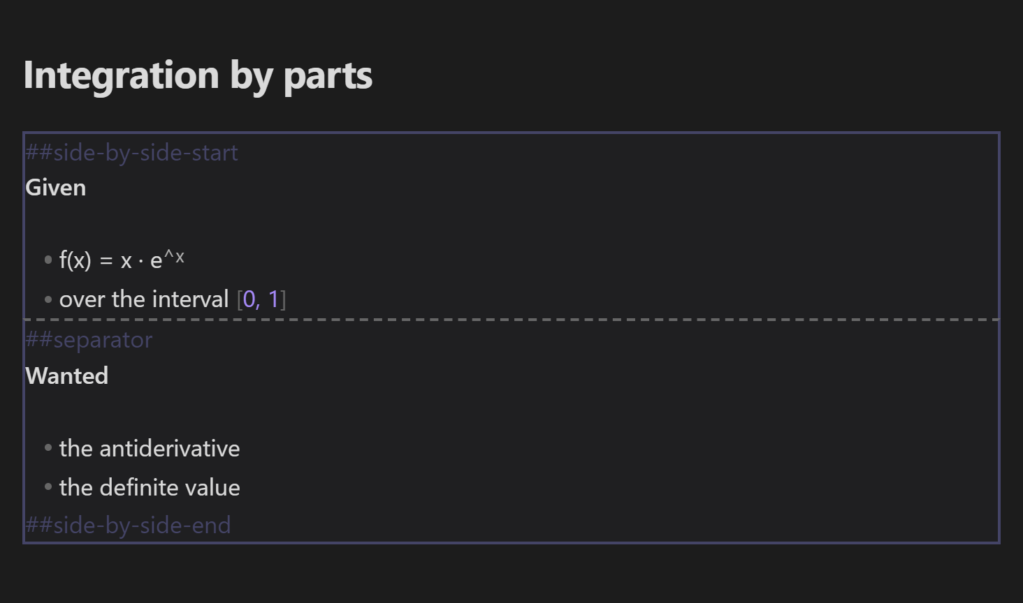 A side-by-side block in the editor