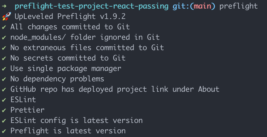 A command line tool showing various passing tests that have run against a software project