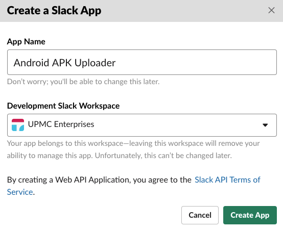 Slack application creation dialog