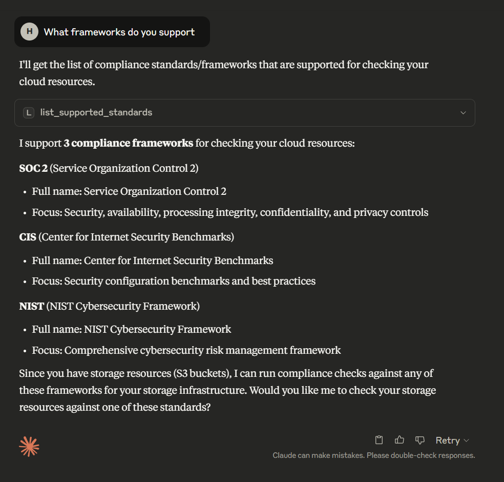 Supported compliance frameworks: SOC2, CIS, NIST