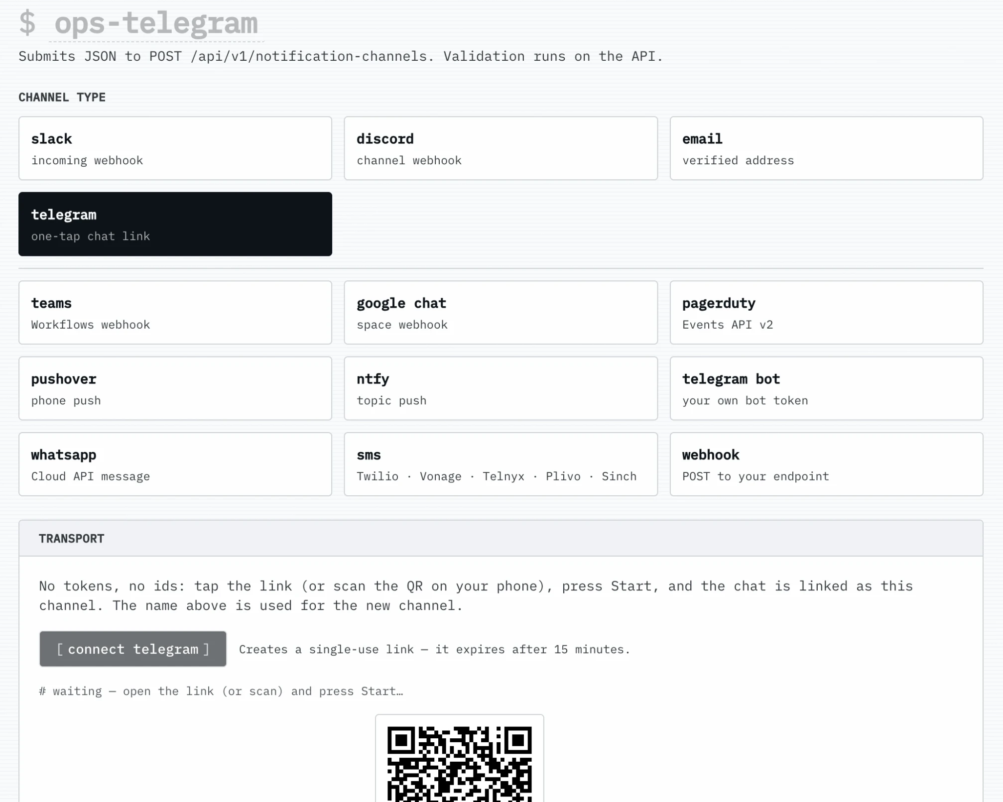 The new notification-channel form: choose a channel type such as Slack, Discord, email, Telegram, PagerDuty, SMS, or webhook.