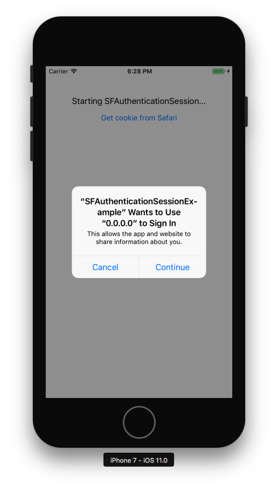 SFAuthenticationSession dialogue screenshot