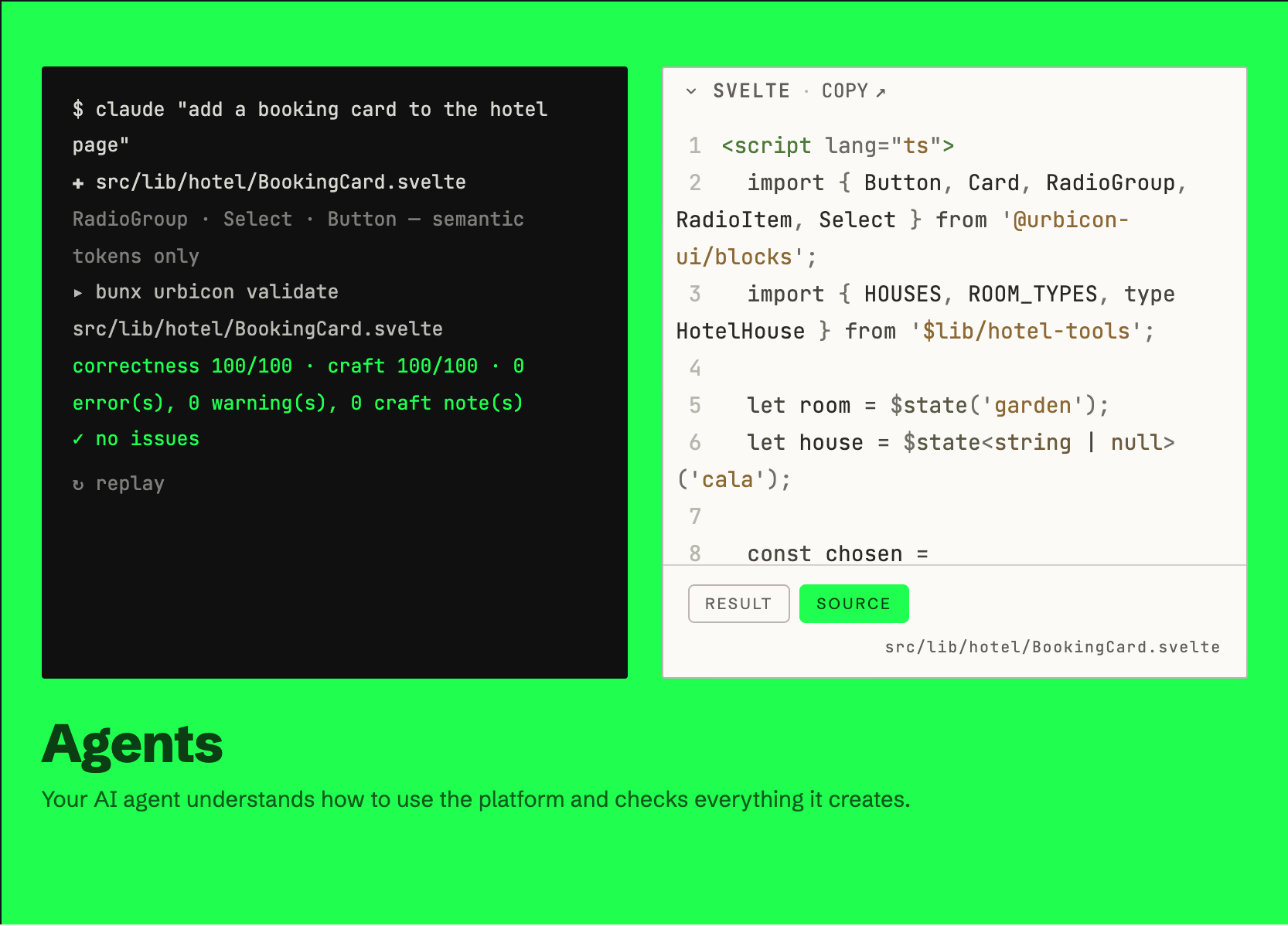 Agents exhibit: terminal replay beside the actual component source