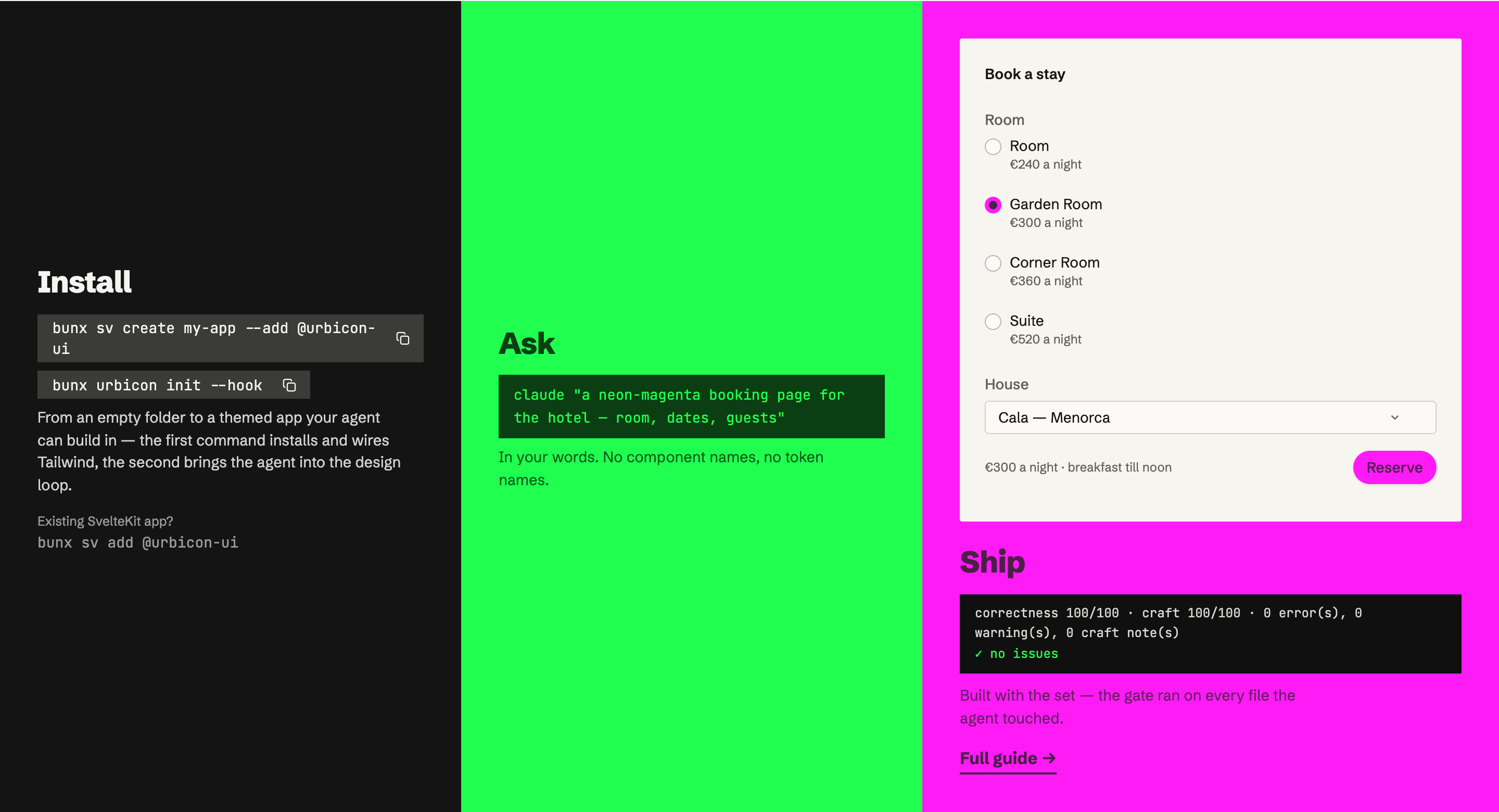 Install, Ask, Ship: the ordered neon-magenta booking page, delivered