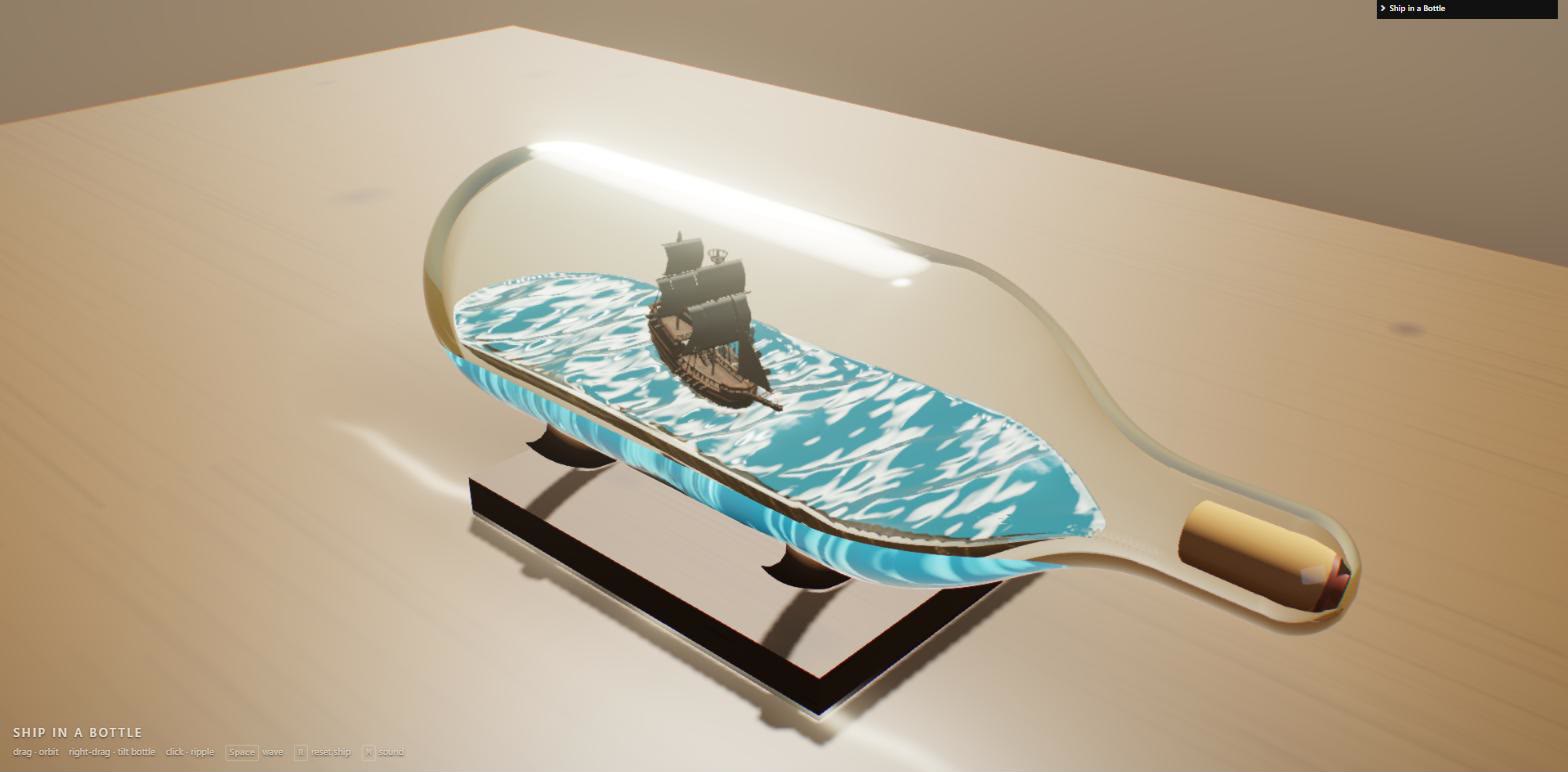 A galleon floating on a miniature sea inside a glass bottle