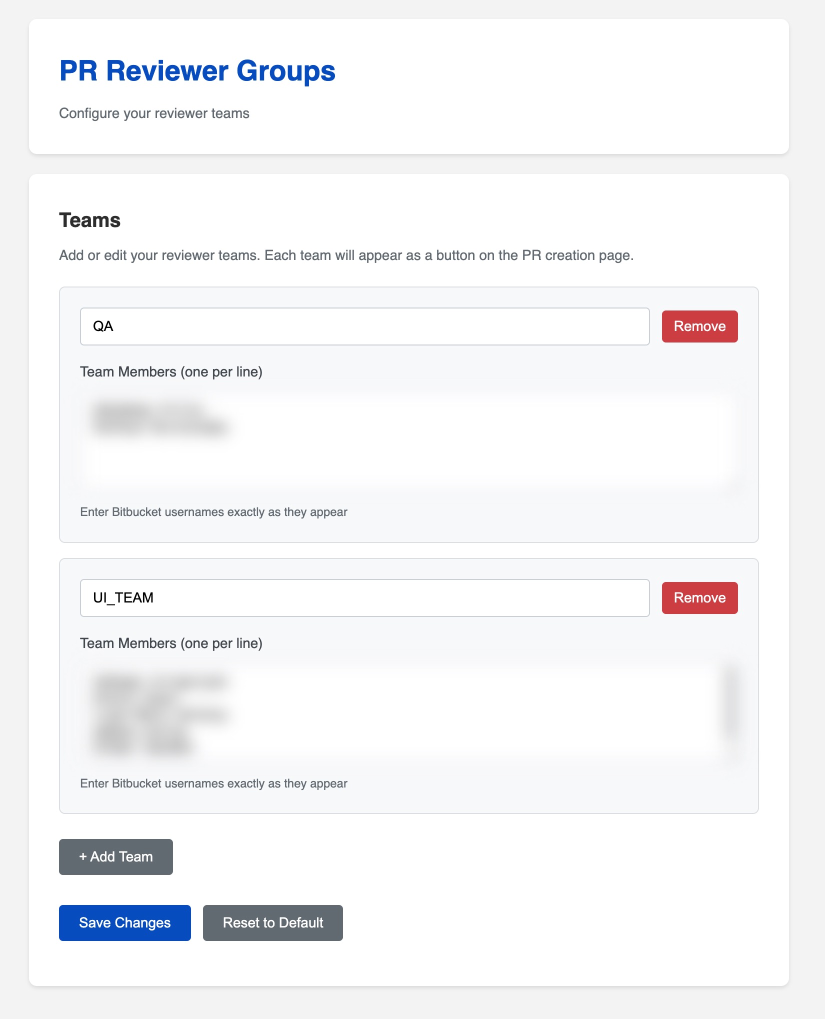 Bitbucket PR Reviewer Groups buttons above the reviewer selector