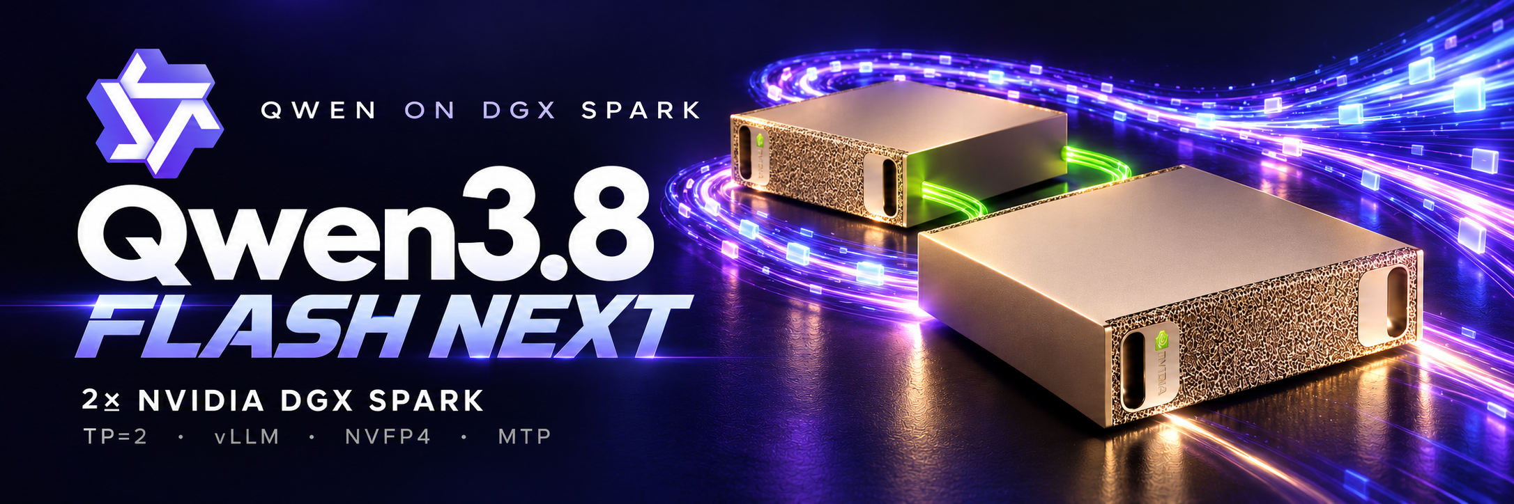 Qwen3.8 Flash Next on two DGX Sparks: Qwen emblem, gold NVIDIA hardware and violet token trails.