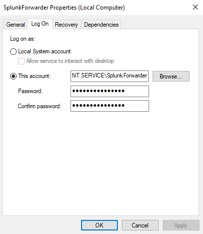 Universal Forwarder Service Log On Tab