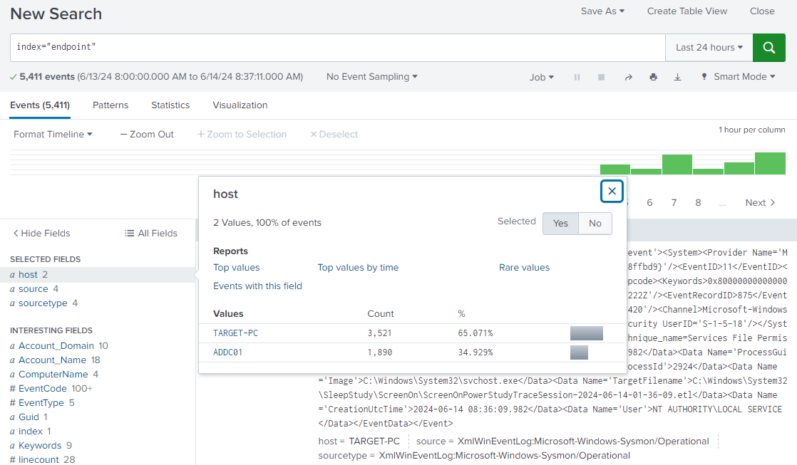 Splunk Search Two Hosts