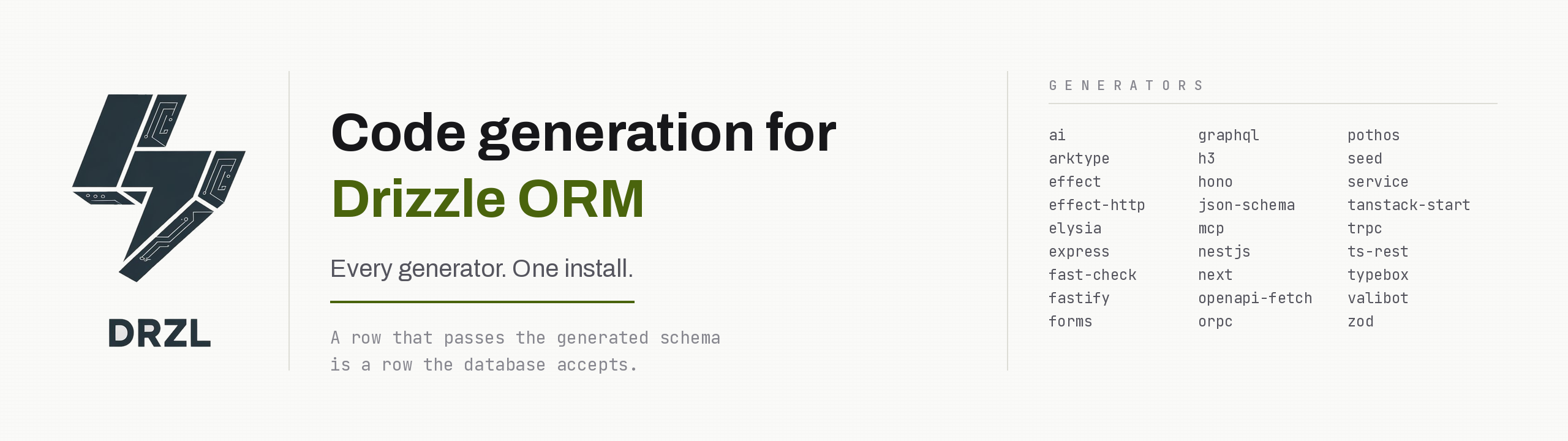 DRZL: code generation for Drizzle ORM. Twenty-seven generators, one install.