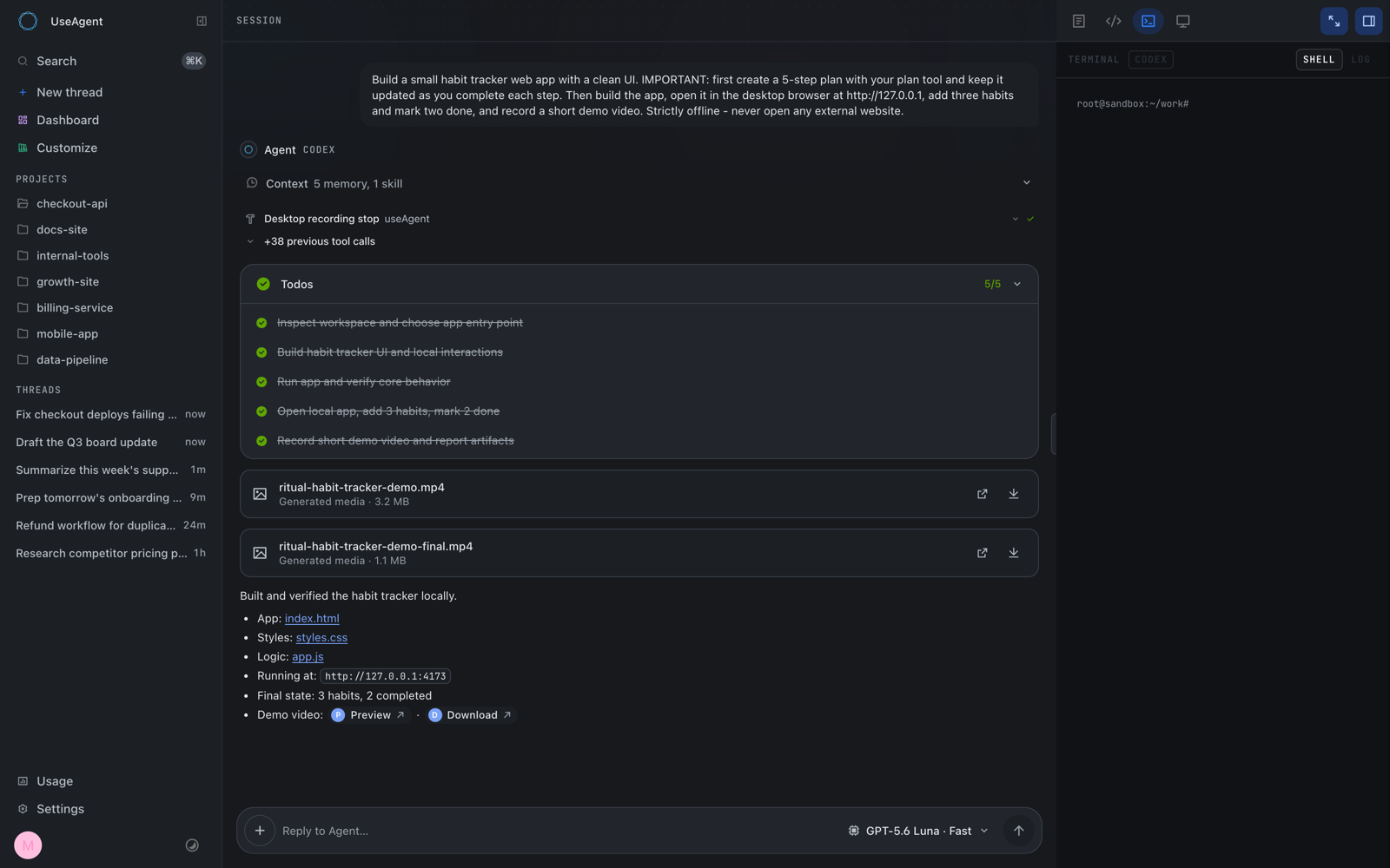 Watch useAgent in action: an agent session with a live timeline, terminal, and workspace panes