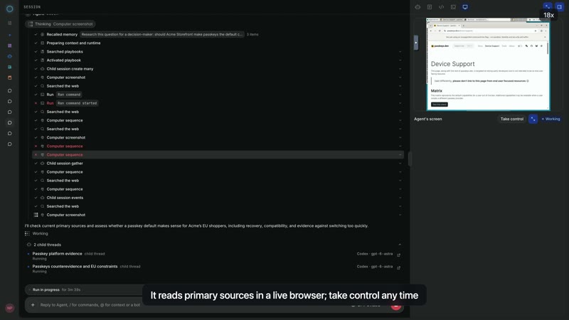 An agent reads browser sources while its tool activity and research stream into the thread