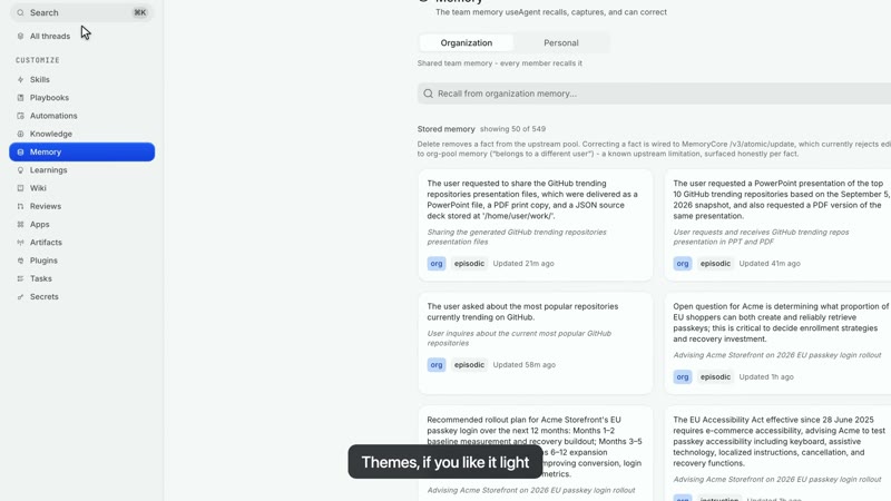 The memory hub with separate organization and personal views, shown in dark and light themes