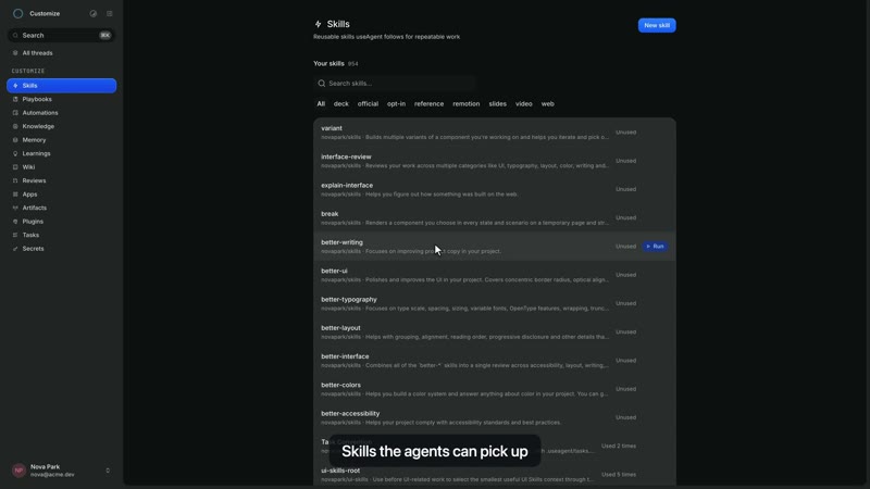 Browse reusable skills and the team's knowledge from the shared workspace