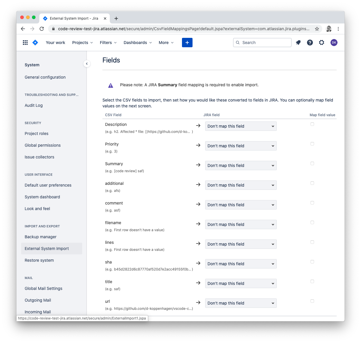 JIRA: map CSV file props