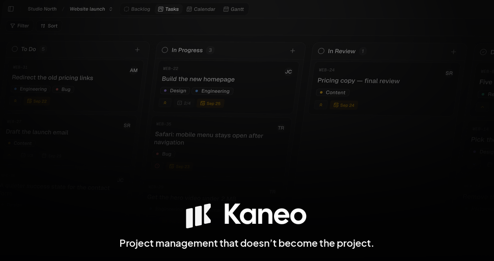 Kaneo project board with the Kaneo logo and tagline