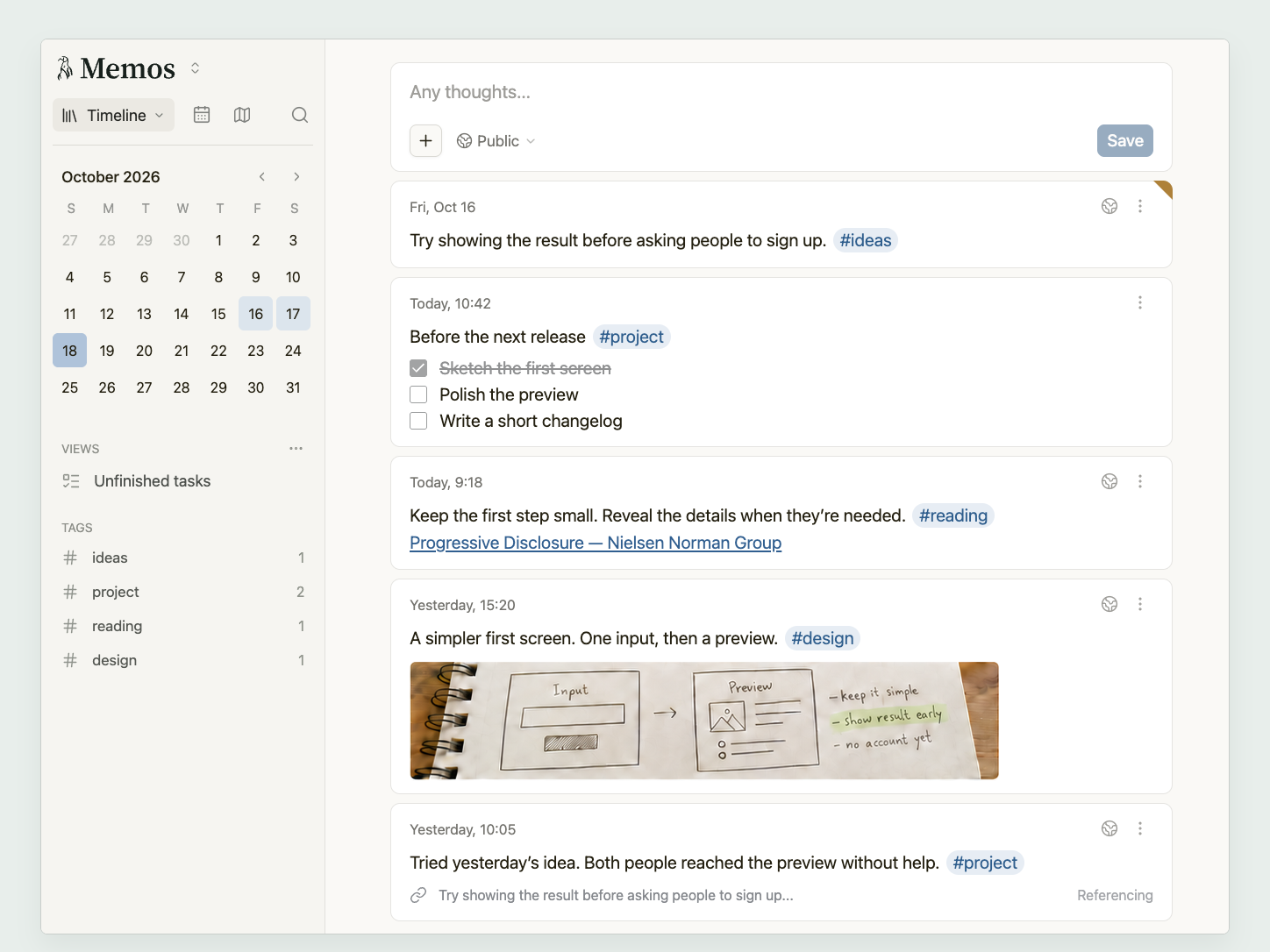 The Memos timeline with a memo composer and recent memos
