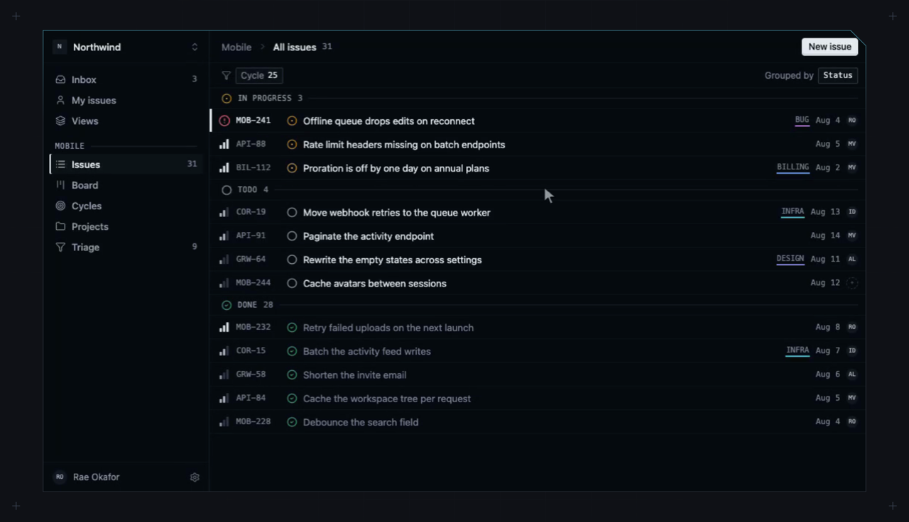 Issue list, grouped by status, cycle 25