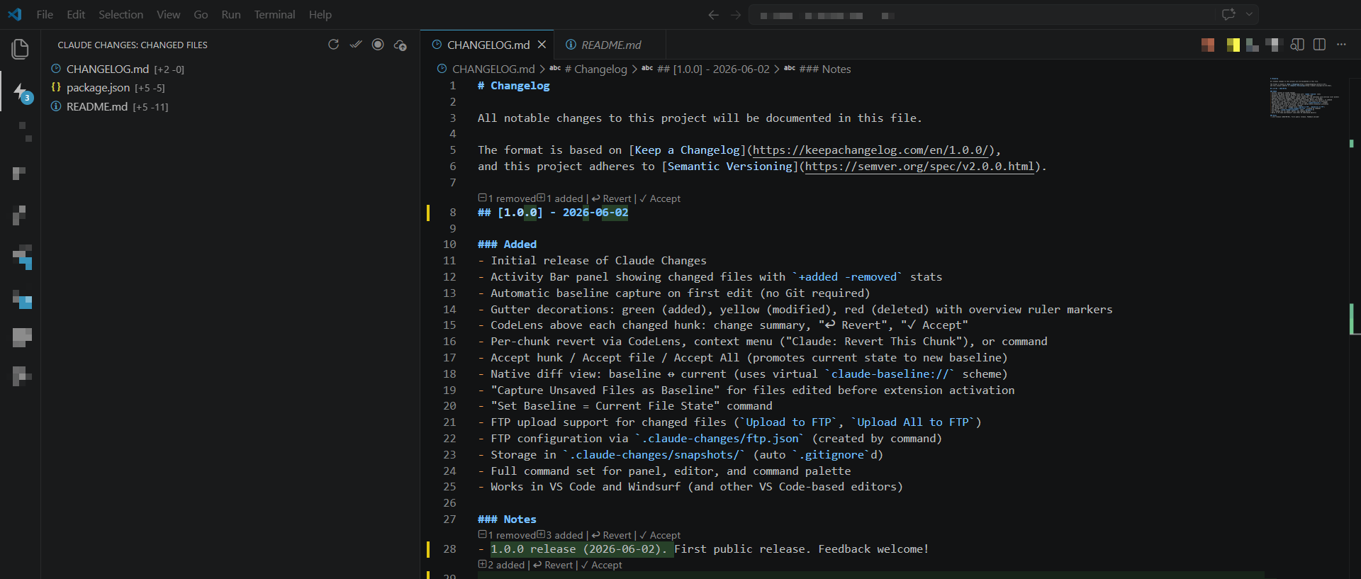 Claude's Changes in action — sidebar, gutter markers, CodeLens and diff view