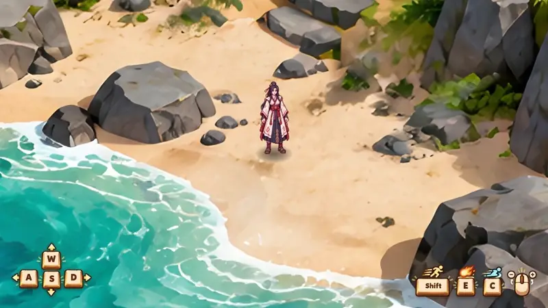 Gameplay: andar, correr, deslizar e lançar bola de fogo na praia da ilha