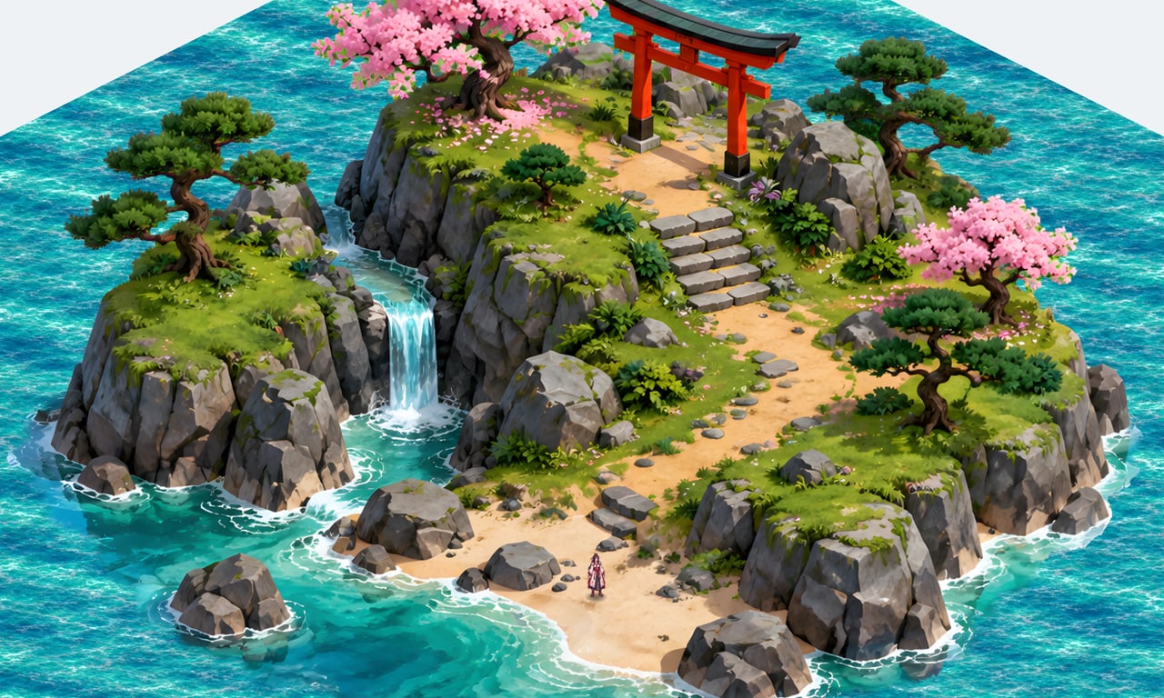 Visão aberta da ilha: torii, cerejeiras, cascata e praia