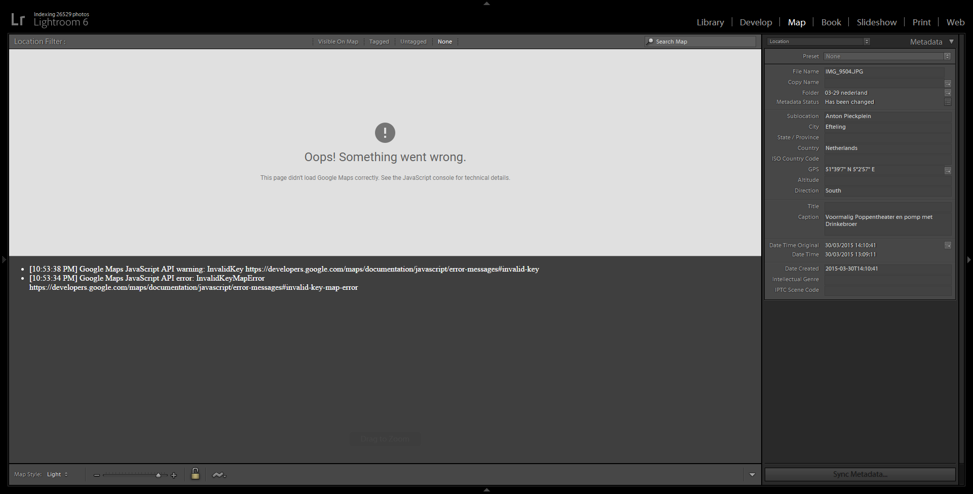 JavaScript error messages displayed below map window in Lightroom 6