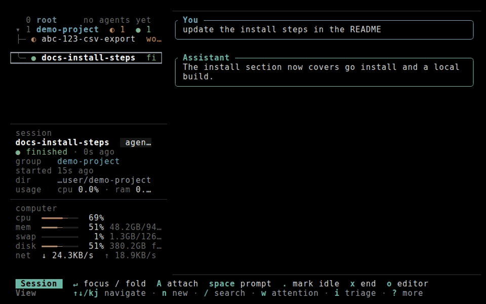 Focusing a session full-width, typing a three-line instruction, watching the agent answer, and scrolling back through the reply