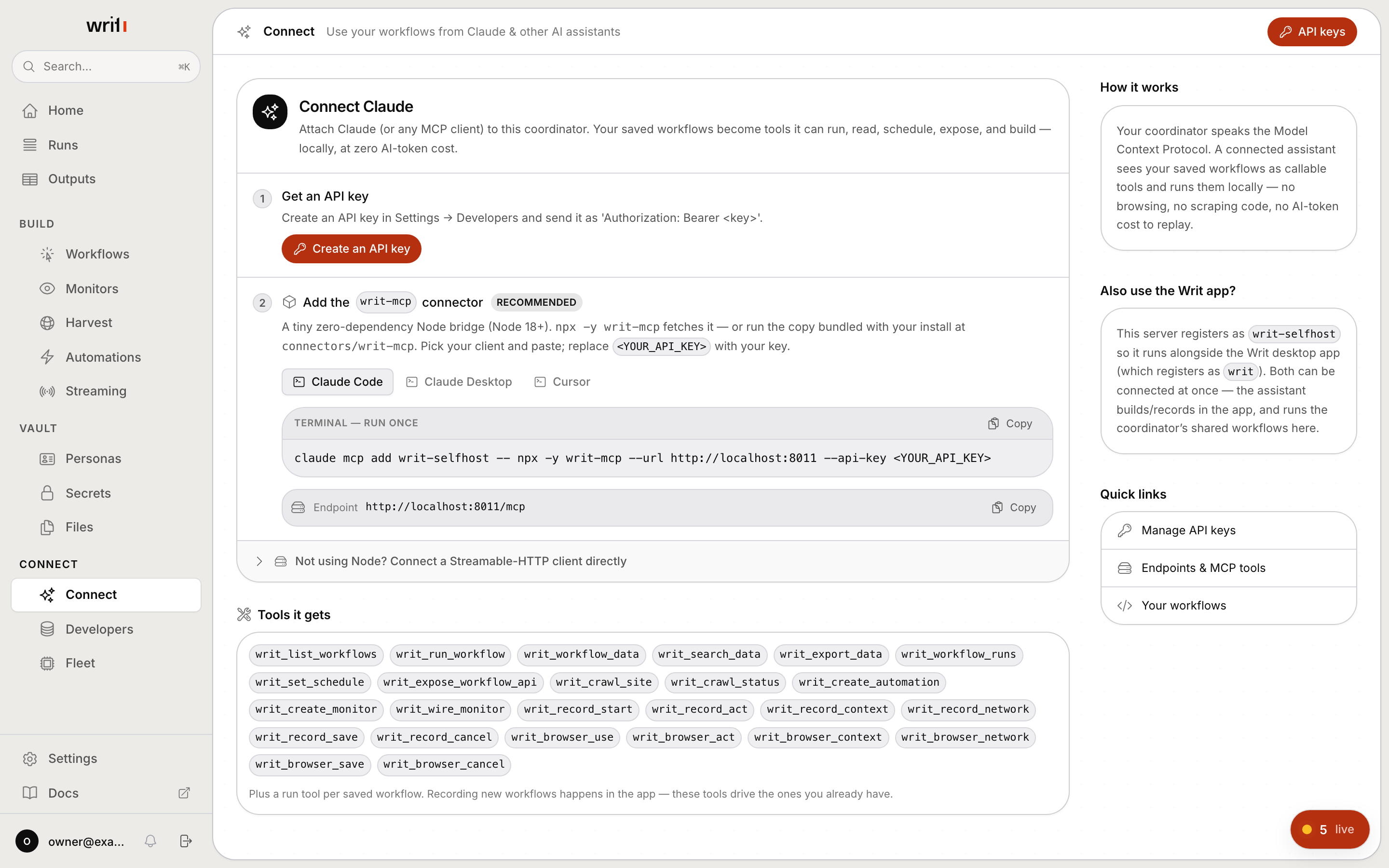 The Connect page of a self-hosted Writ coordinator, showing the writ-mcp one-liner and the tools it exposes